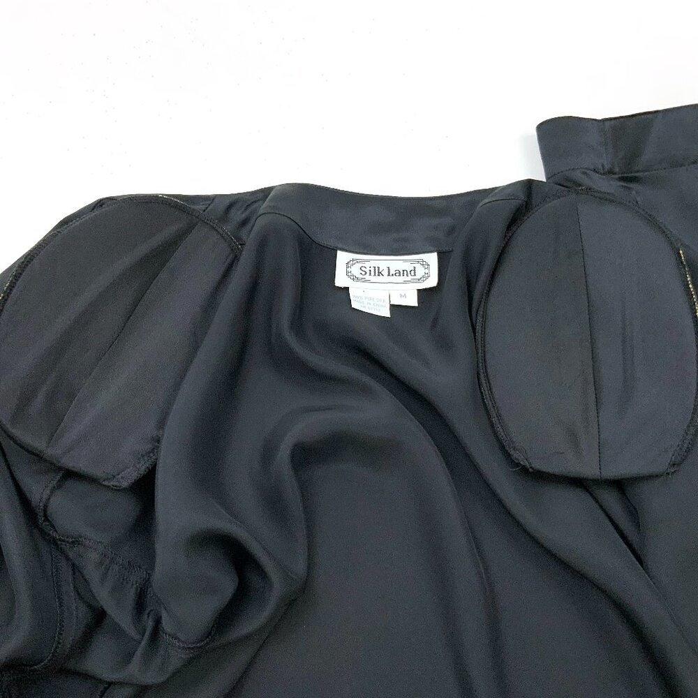 Black Satin Silk Open-Front Jacket Kimono-Style Robe Sz M - Picture 15 of 16